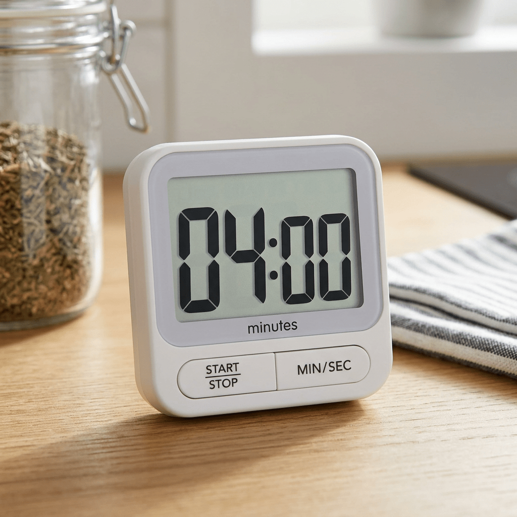 White digital kitchen timer showing 04:00 on the screen with start/stop and min/sec buttons